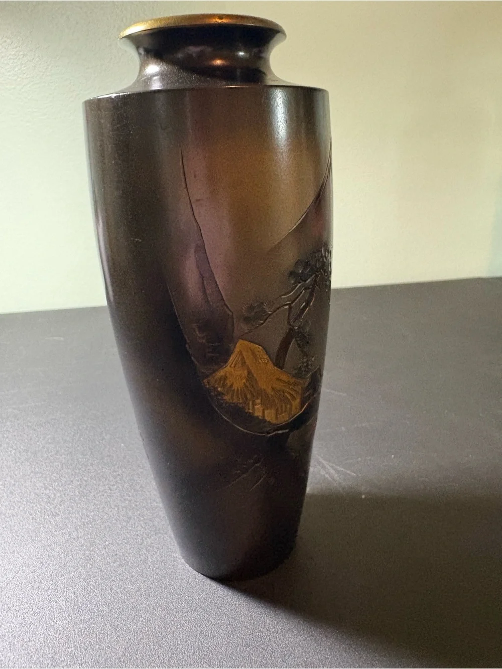 Vintage Metal Mountain Motif Decorative Vase - Signed